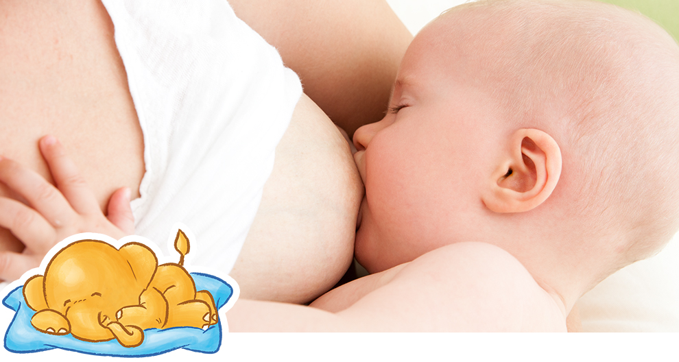 A baby is nursing from a woman, with a cartoon elephant sleeping on a blue pillow in the lower right corner.
