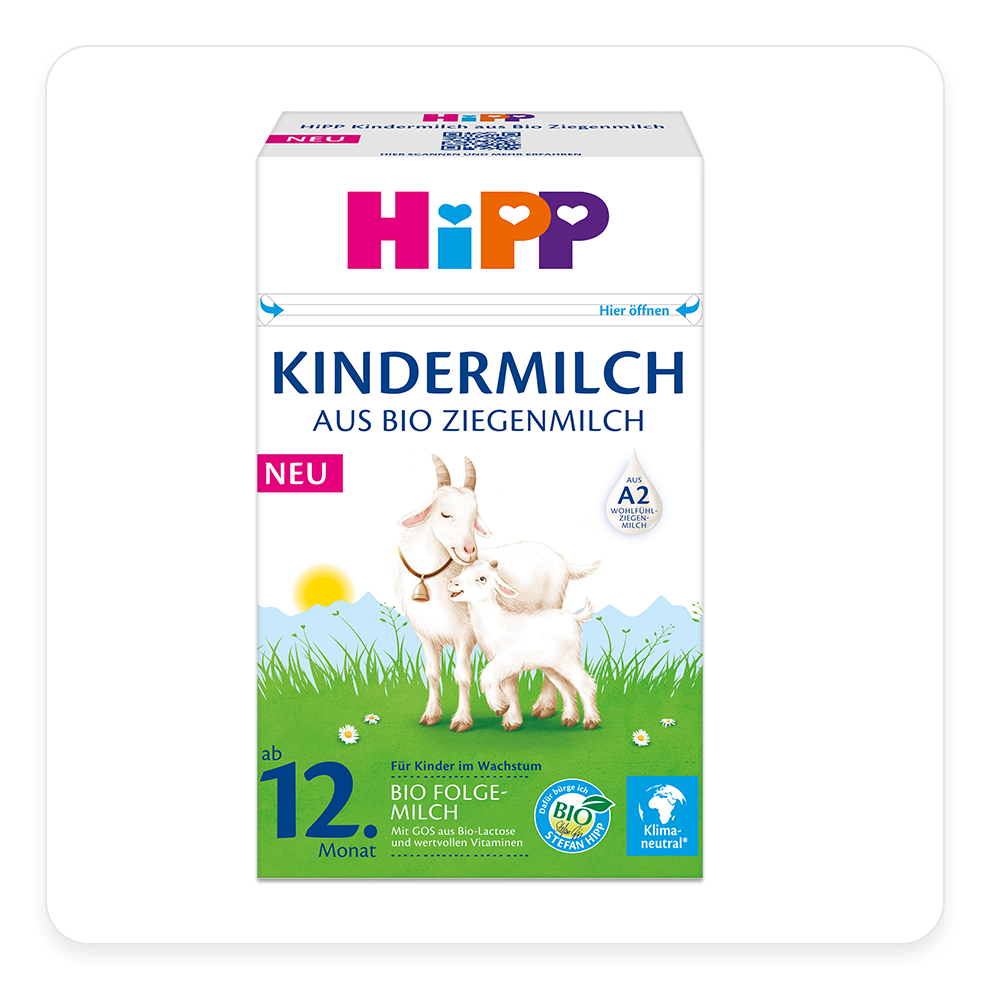 A box of Hipp Kindermilch, a goat milk baby formula, with a label indicating it is suitable for children aged 12 months and above.