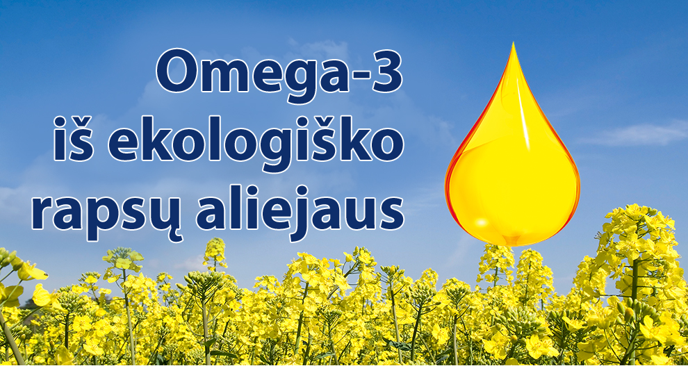 Didelis, ryškiai geltonas aliejaus lašas uždėtas ant geltonų gėlių lauko po mėlynu dangumi, o tekstas "Omega-3 yra ekologiškas rapsų aliejus" užrašytas ryškiu baltu šriftu.