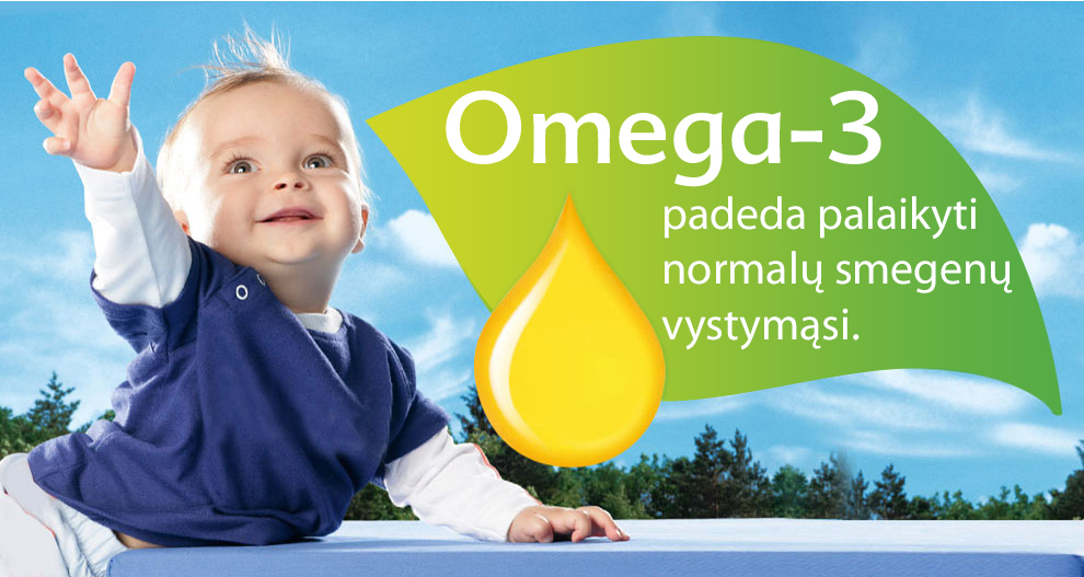 Kūdikis ištiesia ranką su omega-3 aliejaus paveikslėliu ir tekstu užsienio kalba.
