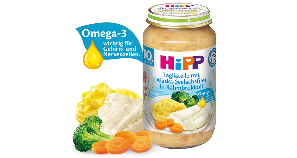 Kūdikių maisto indelis, kuriame daugiausia dėmesio skiriama omega-3 riebalų rūgštims ir kuriame yra daržovių ir žuvies mišinio.