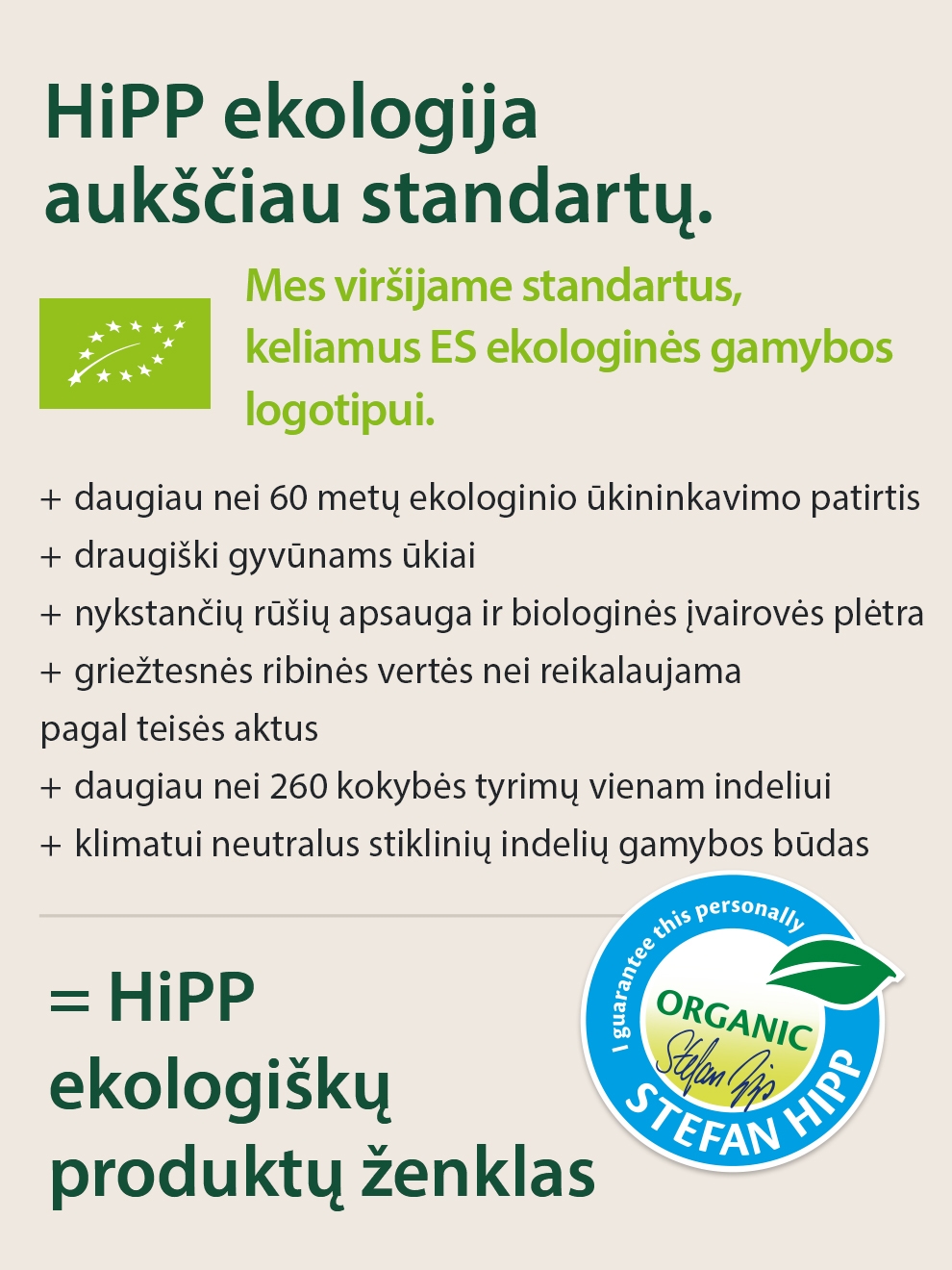 Aukštų ekologinių standartų sąrašas, kuriame paminėtas Europos Sąjungos ekologinis standartas, o pabaigoje pateikiamas Stefano Hippo sertifikatas "HiPP ekologiški produktai".