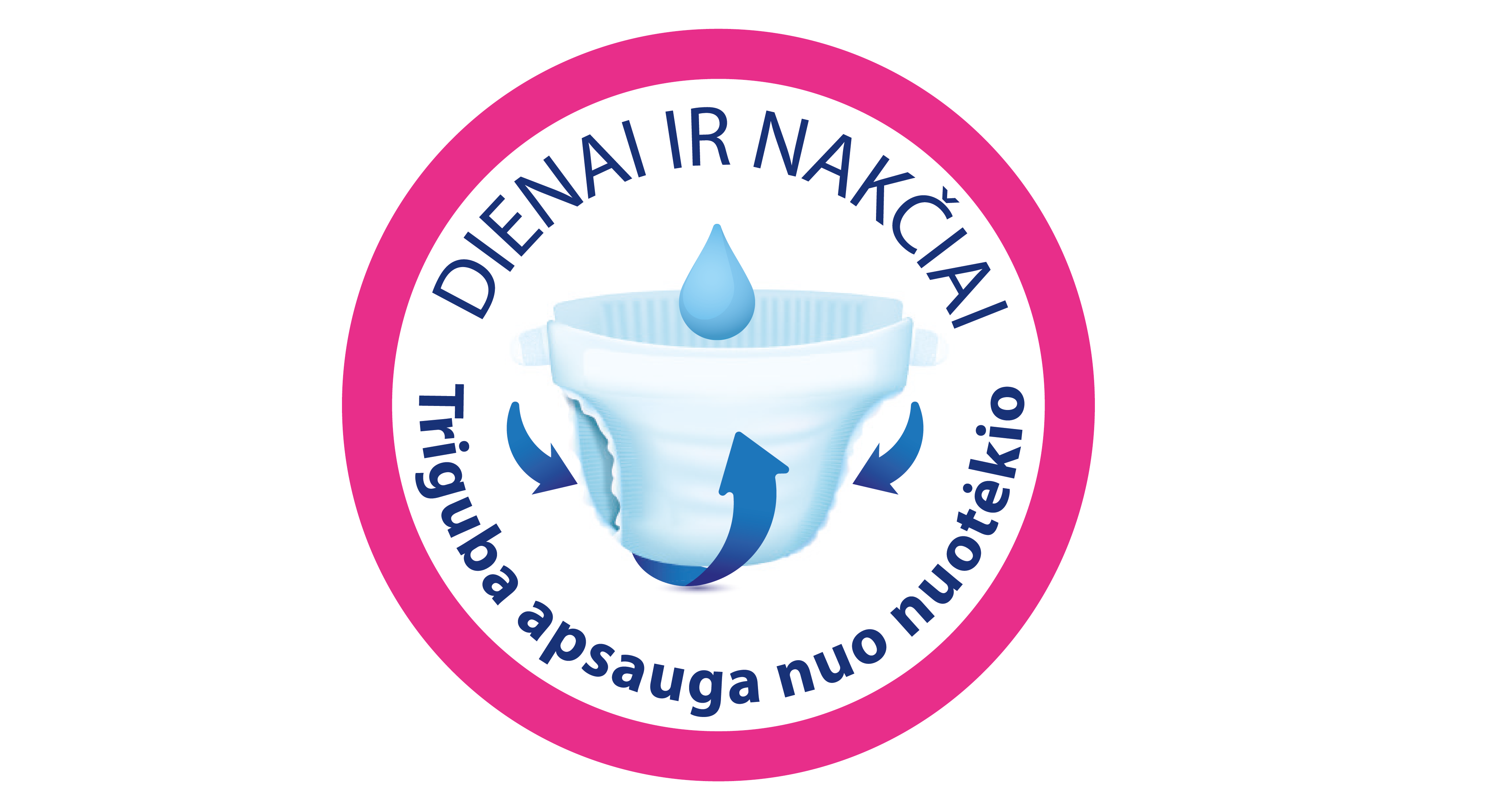 Apskritas lipdukas su vandens lašeliu virš mėlynos sauskelnės ir tekstu užsienio kalba.